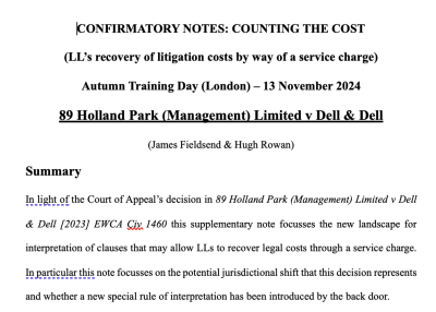 Fieldsend, James and Rowan, Hugh, Tanfield Chambers (13.11.24) Confirmatory notes for Counting the Cost NOTES